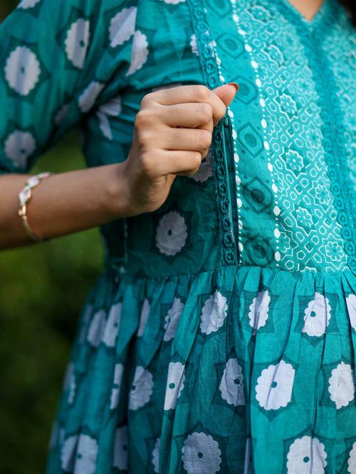 Teal Green Cotton Printed Maternity Feeding Flared Kurta Set