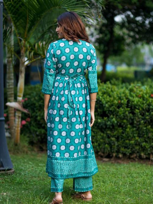 Teal Green Cotton Printed Maternity Feeding Flared Kurta Set