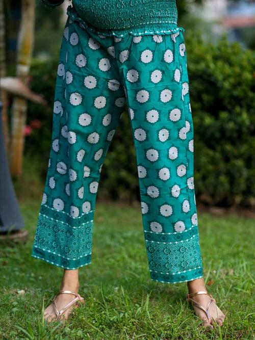 Teal Green Cotton Printed Maternity Feeding Flared Kurta Set