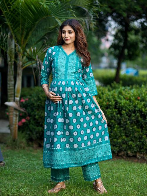 Teal Green Cotton Printed Maternity Feeding Flared Kurta Set