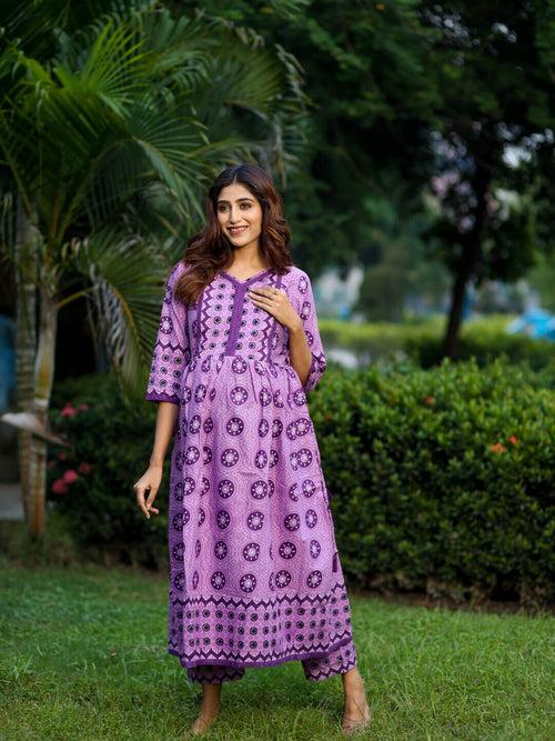 Purple Cotton Printed Maternity Feeding Flared Kurta Set