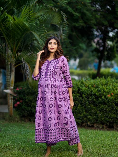 Purple Cotton Printed Maternity Feeding Flared Kurta Set