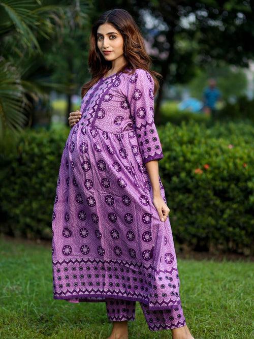 Purple Cotton Printed Maternity Feeding Flared Kurta Set