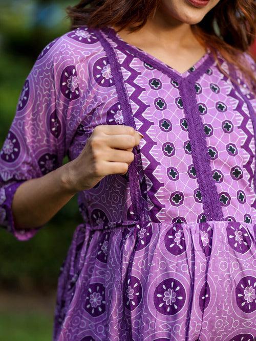 Purple Cotton Printed Maternity Feeding Flared Kurta Set