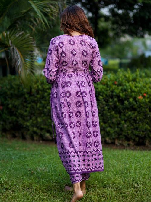 Purple Cotton Printed Maternity Feeding Flared Kurta Set