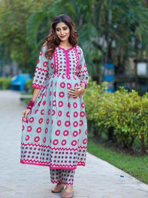 Grey Fuchsia Cotton Printed Maternity Feeding Flared Kurta Set