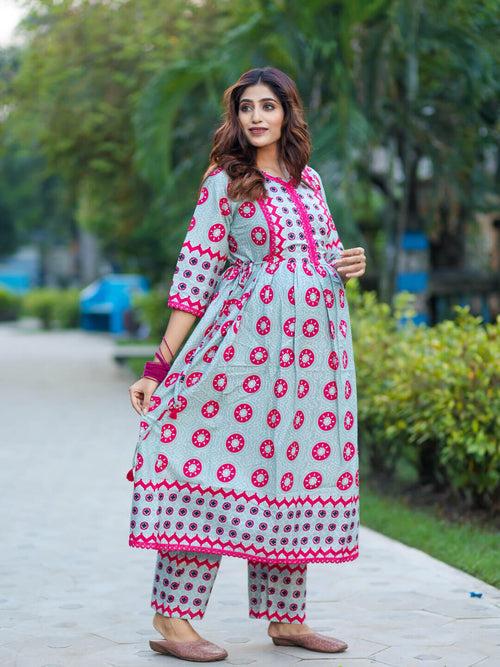 Grey Fuchsia Cotton Printed Maternity Feeding Flared Kurta Set