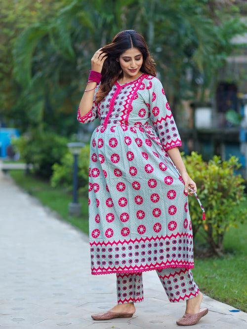 Grey Fuchsia Cotton Printed Maternity Feeding Flared Kurta Set