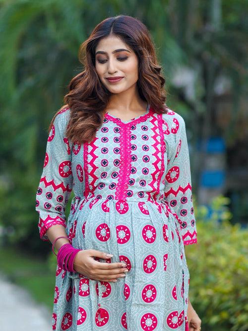 Grey Fuchsia Cotton Printed Maternity Feeding Flared Kurta Set