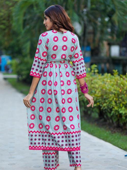 Grey Fuchsia Cotton Printed Maternity Feeding Flared Kurta Set