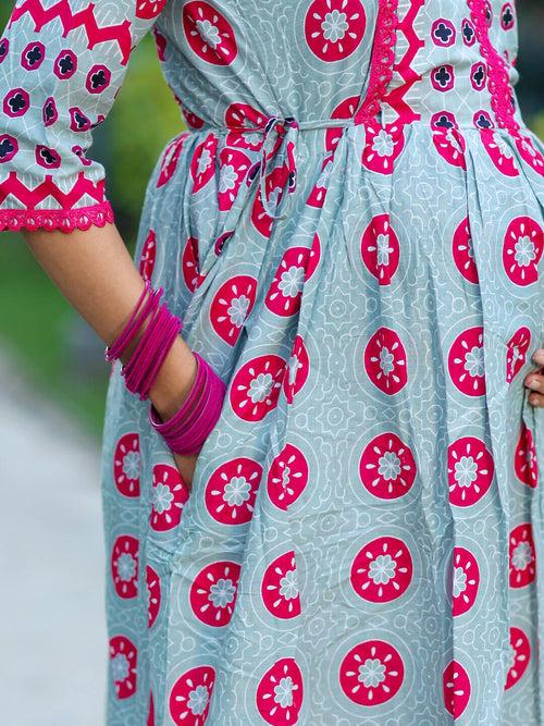 Grey Fuchsia Cotton Printed Maternity Feeding Flared Kurta Set