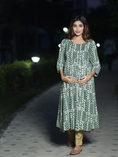 Bottle Green Cotton Printed Maternity Feeding Flared Kurta