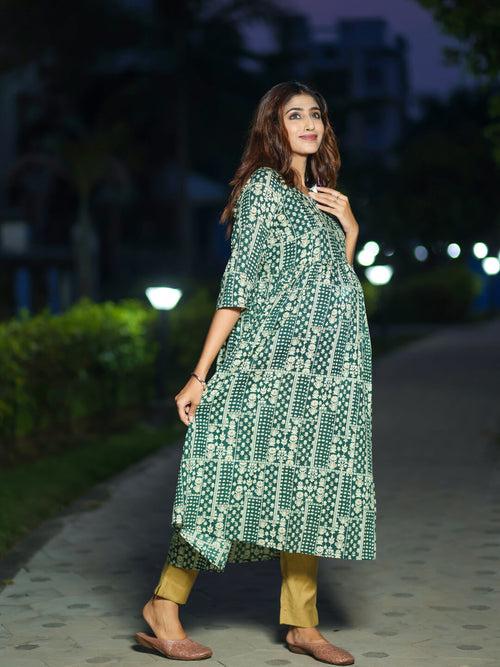 Bottle Green Cotton Printed Maternity Feeding Flared Kurta