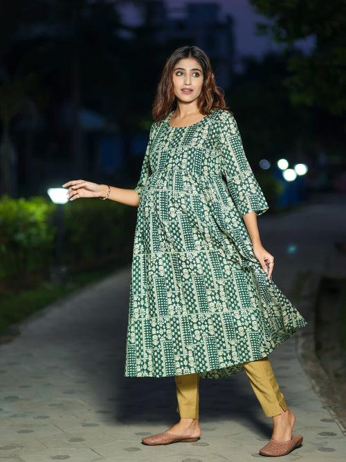 Bottle Green Cotton Printed Maternity Feeding Flared Kurta