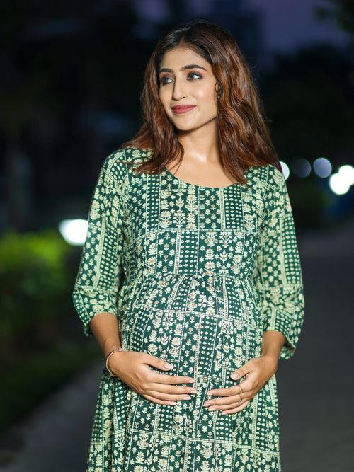 Bottle Green Cotton Printed Maternity Feeding Flared Kurta