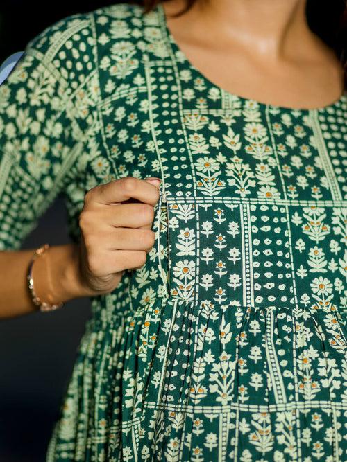 Bottle Green Cotton Printed Maternity Feeding Flared Kurta