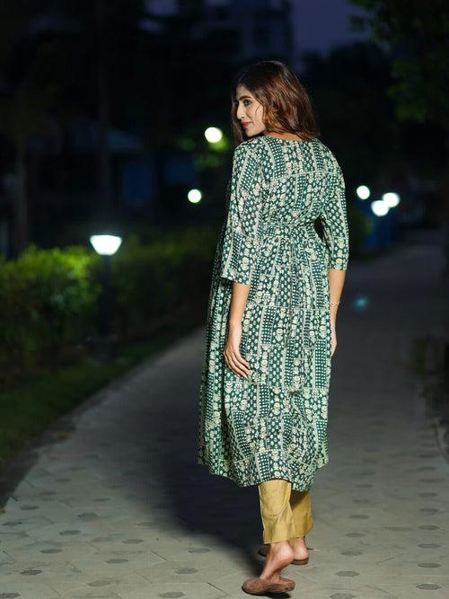 Bottle Green Cotton Printed Maternity Feeding Flared Kurta