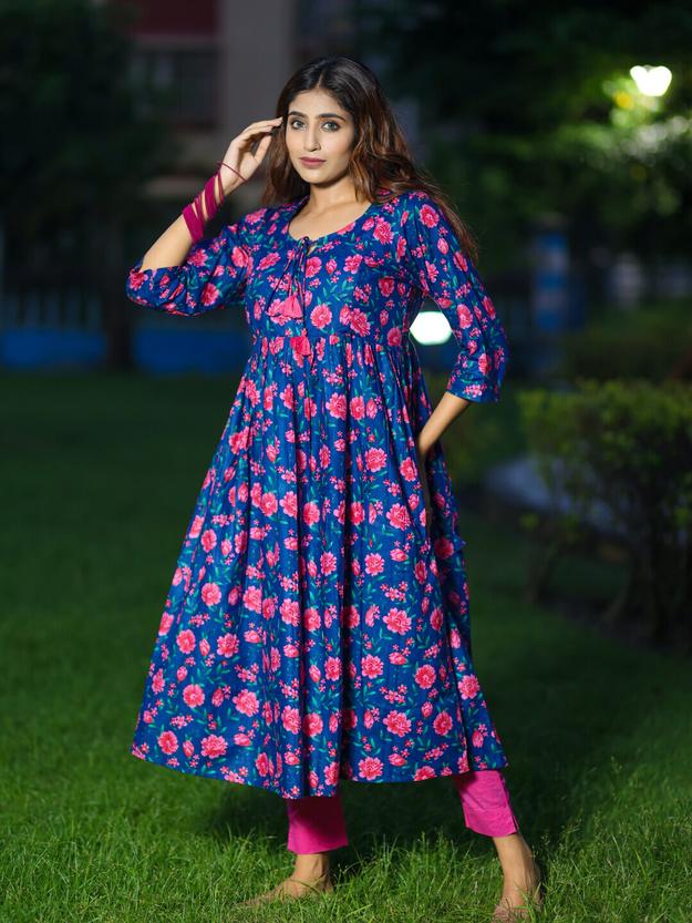 Royal Blue Cotton Printed Maternity Feeding Flared Kurta