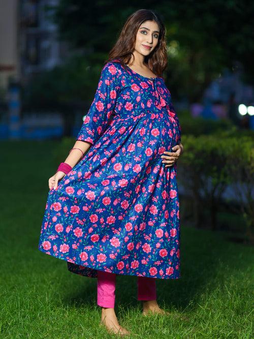 Royal Blue Cotton Printed Maternity Feeding Flared Kurta