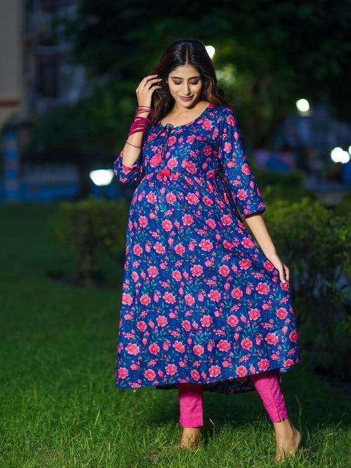 Royal Blue Cotton Printed Maternity Feeding Flared Kurta