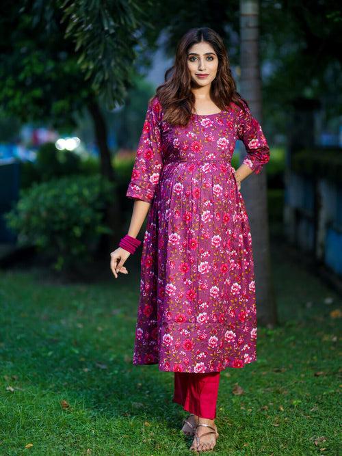 Plum Cotton Printed Maternity Feeding Flared Kurta