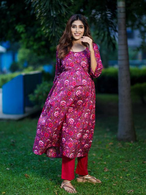 Plum Cotton Printed Maternity Feeding Flared Kurta