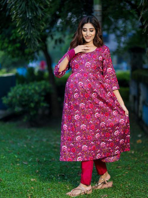 Plum Cotton Printed Maternity Feeding Flared Kurta