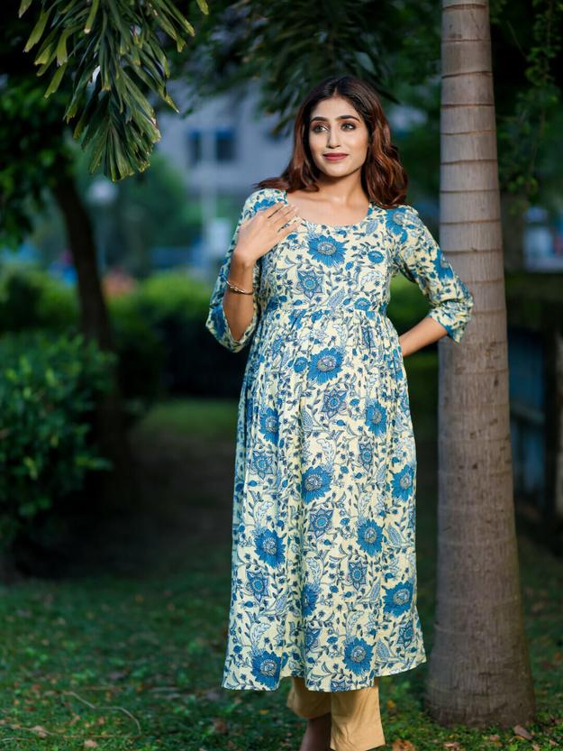 Cream Blue Cotton Printed Maternity Feeding Flared Kurta