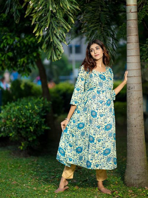 Cream Blue Cotton Printed Maternity Feeding Flared Kurta