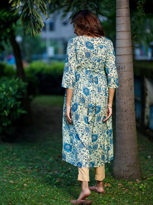 Cream Blue Cotton Printed Maternity Feeding Flared Kurta