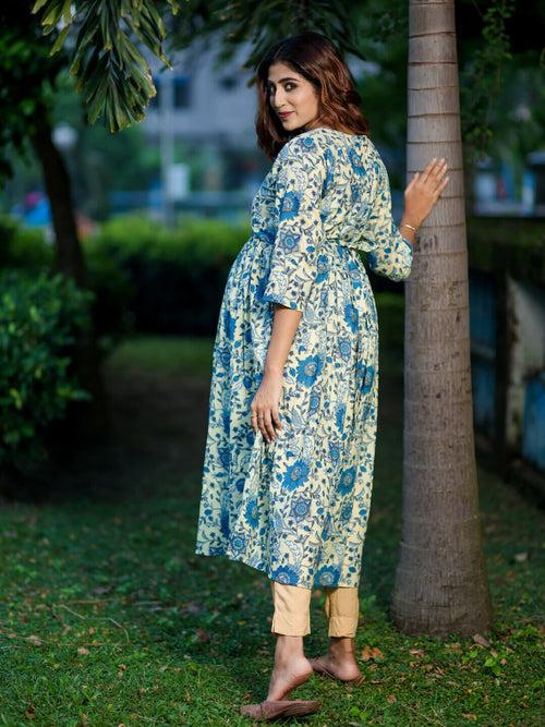 Cream Blue Cotton Printed Maternity Feeding Flared Kurta