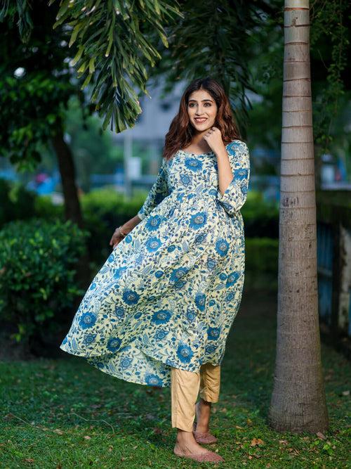 Cream Blue Cotton Printed Maternity Feeding Flared Kurta