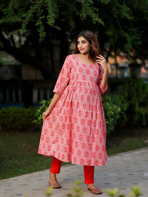 Peach Cotton Printed Maternity Feeding Flared Kurta