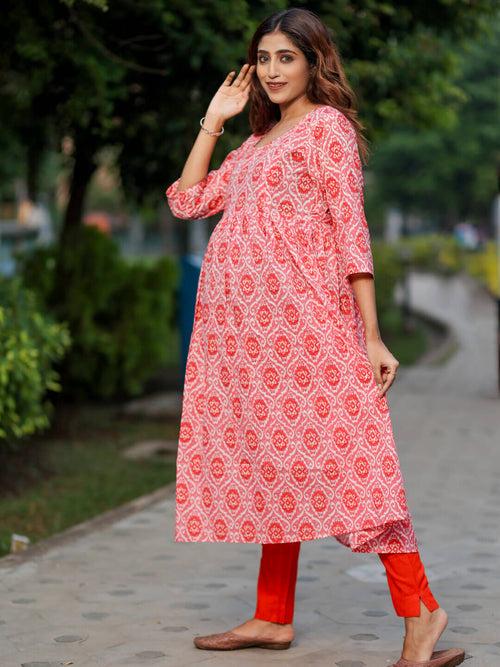 Peach Cotton Printed Maternity Feeding Flared Kurta