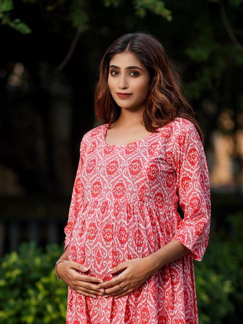 Peach Cotton Printed Maternity Feeding Flared Kurta