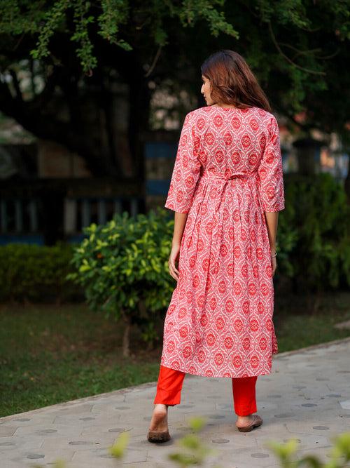 Peach Cotton Printed Maternity Feeding Flared Kurta