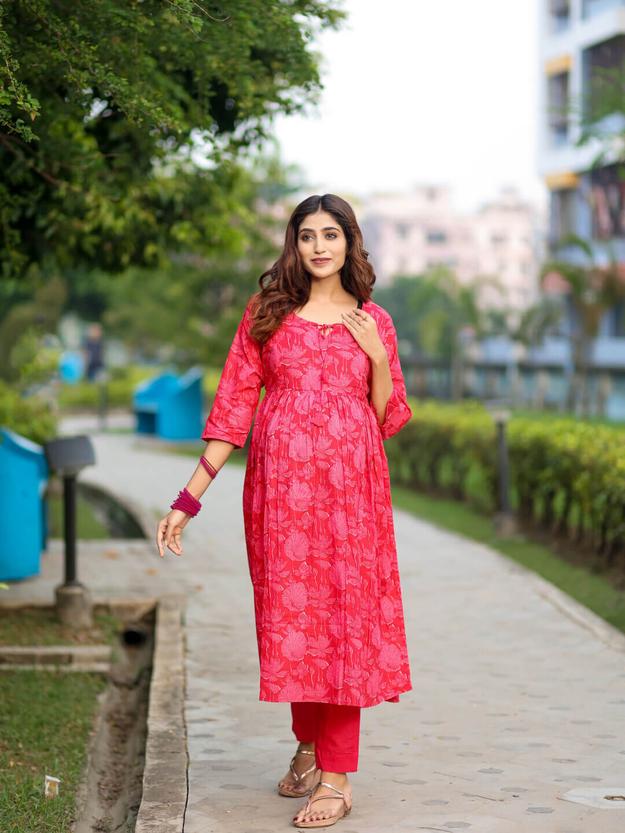 Coral Red Cotton Printed Maternity Feeding Flared Kurta