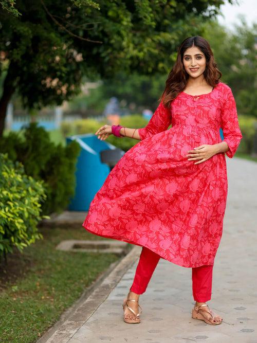 Coral Red Cotton Printed Maternity Feeding Flared Kurta