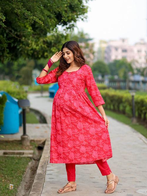 Coral Red Cotton Printed Maternity Feeding Flared Kurta