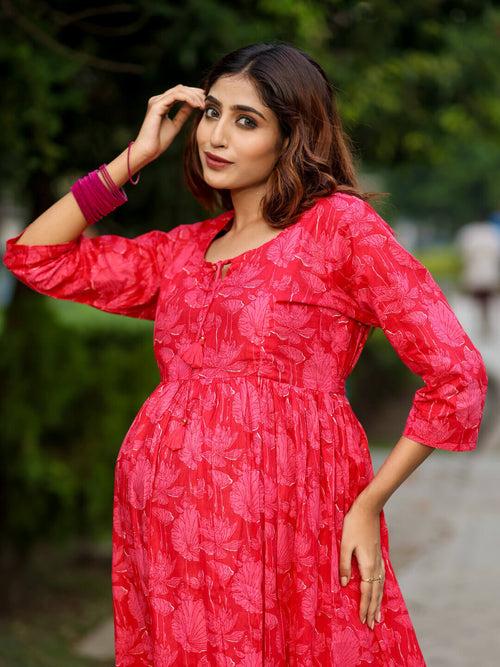 Coral Red Cotton Printed Maternity Feeding Flared Kurta