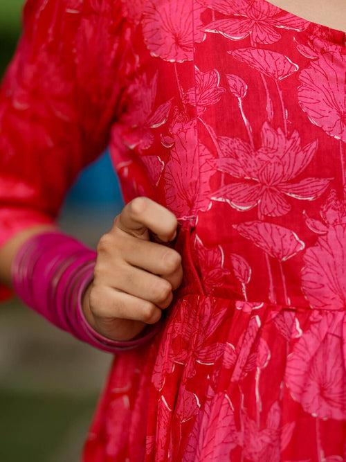 Coral Red Cotton Printed Maternity Feeding Flared Kurta