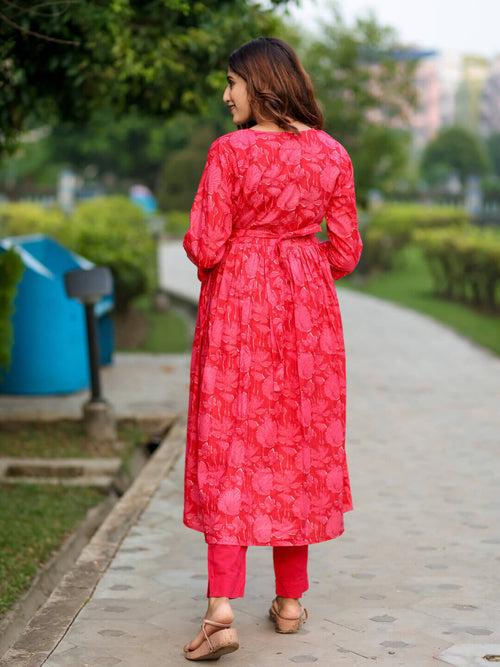 Coral Red Cotton Printed Maternity Feeding Flared Kurta