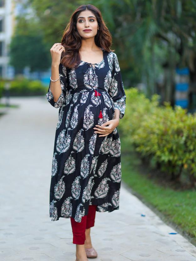 Black Cotton Printed Maternity Feeding Flared Kurta