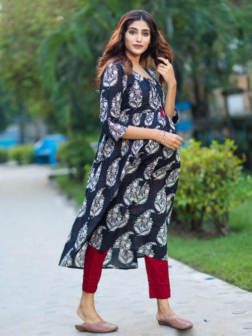 Black Cotton Printed Maternity Feeding Flared Kurta