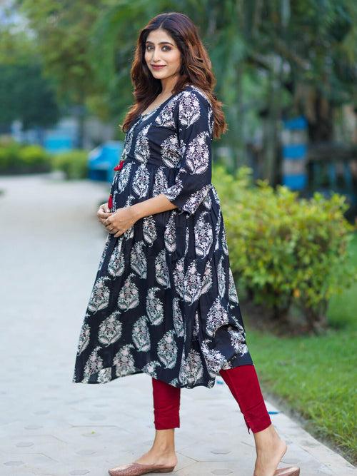 Black Cotton Printed Maternity Feeding Flared Kurta