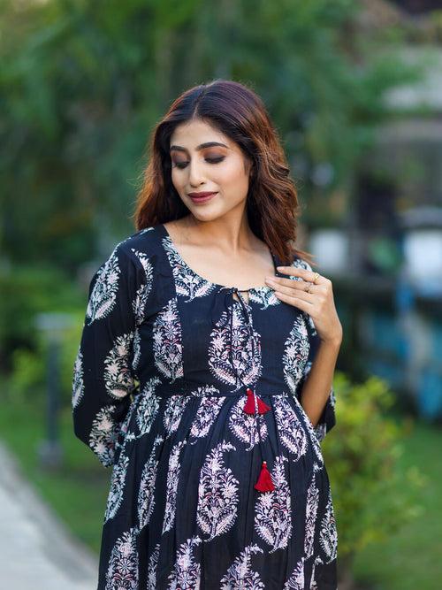 Black Cotton Printed Maternity Feeding Flared Kurta