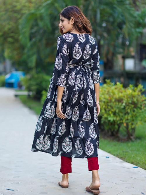 Black Cotton Printed Maternity Feeding Flared Kurta