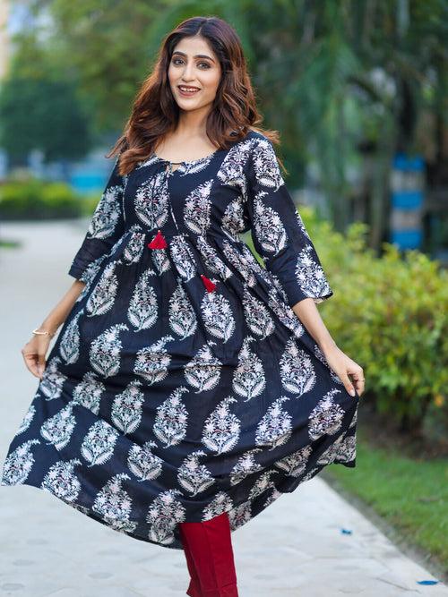 Black Cotton Printed Maternity Feeding Flared Kurta