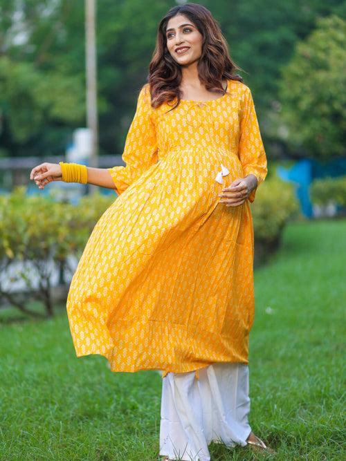 Yellow Cotton Printed Maternity Feeding Flared Kurta