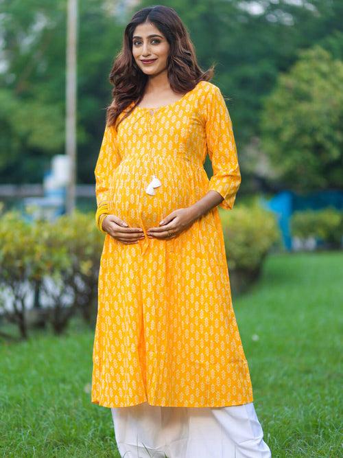 Yellow Cotton Printed Maternity Feeding Flared Kurta